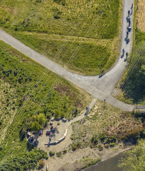 Aerial view, Ruhr Valley cycle path, cycle path along the Ruhr, Arnsberg, Sauerland, Hochsauerlandkreis, North Rhine-Westphalia, Germany, DE, Europe, bicycle, leisure, leisure activities, aerial view, aerial photography, aerial photography, cycle path, rest area, overview, bird's-eye view, overview