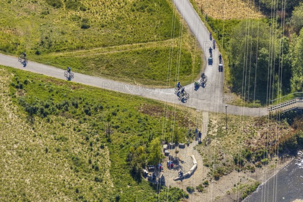 Aerial view, Ruhr Valley cycle path, cycle path along the Ruhr, Arnsberg, Sauerland, Hochsauerlandkreis, North Rhine-Westphalia, Germany, DE, Europe, bicycle, leisure, leisure activities, aerial view, aerial photography, aerial photography, cycle path, rest area, overview, bird's-eye view, overview