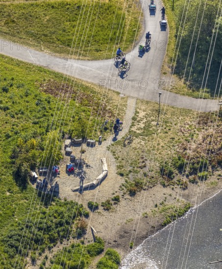 Aerial view, Ruhr Valley cycle path, cycle path along the Ruhr, Arnsberg, Sauerland, Hochsauerlandkreis, North Rhine-Westphalia, Germany, DE, Europe, bicycle, leisure, leisure activities, aerial view, aerial photography, aerial photography, cycle path, rest area, overview, bird's-eye view, overview