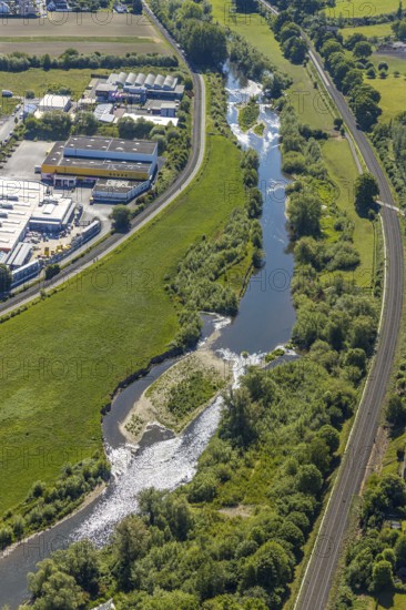 Aerial view, river Ruhr, Ruhraue, Arnsberg, Sauerland, Hochsauerlandkreis, North Rhine-Westphalia, Germany, railway tracks, DE, Europe, aerial view, aerial photography, aerial photography, overview, bird's eye view, birds-eyes view, overview