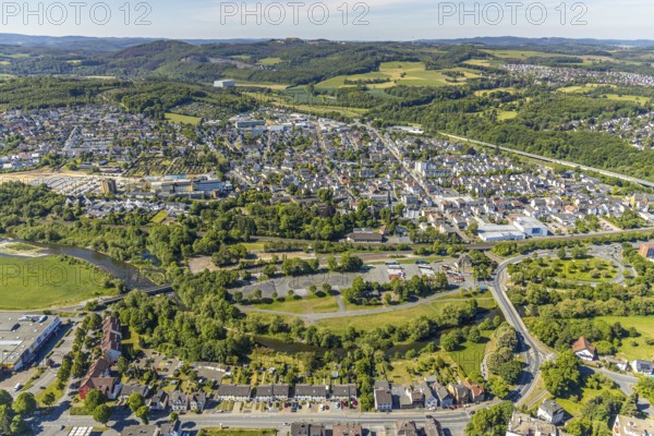 Aerial view, aerial view, river Ruhr, Arnsberg, Sauerland, Hochsauerlandkreis, North Rhine-Westphalia, Germany, DE, Europe, aerial photograph, aerial photography, aerial photography, townscape, city area, overview, bird's-eye view, forest area, birds-eyes view, overview