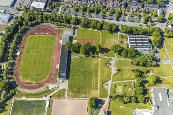 Aerial photo, stadium Große Wiese, Arnsberg, Sauerland, Hochsauerlandkreis, North Rhine-Westphalia, Germany, DE, Europe, football pitch, football stadium, toilet, athletics stadium, aerial view, aerial photography, aerial photography, sports, sports facilities, sports field, sports facility, overview, bird's-eye view, overview