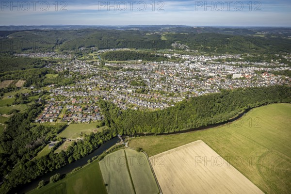Aerial view, city view, Arnsberg district government, town hall, Arnsberg, forest area, Sauerland, Hochsauerlandkreis, North Rhine-Westphalia, Germany, Arnsberg Forest, DE, Europe, city centre, aerial view, aerial photography, aerial photography, urban area, overview, bird's-eye view, forest, birds-eyes view, overview
