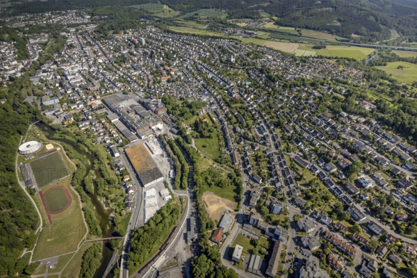 Aerial view, river Ruhr, sports facility, round gymnasium, sports ground SV Arnsberg 09, R.D.M. Arnsberg GmbH Papierfabrik, Arnsberg, Sauerland, Hochsauerlandkreis, North Rhine-Westphalia, Germany, DE, Europe, commercial enterprises, commercial space, commercial area, commercial location, commercial use, property tax, real estate, aerial view, aerial photography, aerial photography, local view, urban area, overview, bird's eye view, residential complex, living and life, residential area, residential buildings, birds-eyes view, overview