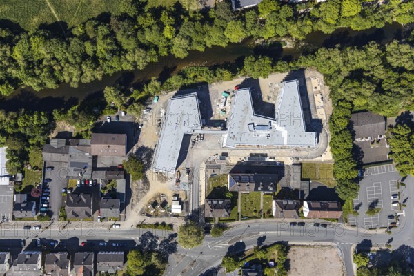 Aerial view, construction site of new care centre, building complex for assisted living, Clemens-August-Straße, Arnsberg, Sauerland, Hochsauerlandkreis, North Rhine-Westphalia, Germany, care and nursing, DE, Europe, aerial view, aerial photography, aerial photography, care facility, retirement home, retirement centre, overview, bird's-eye view, assisted living, birds-eyes view, overview