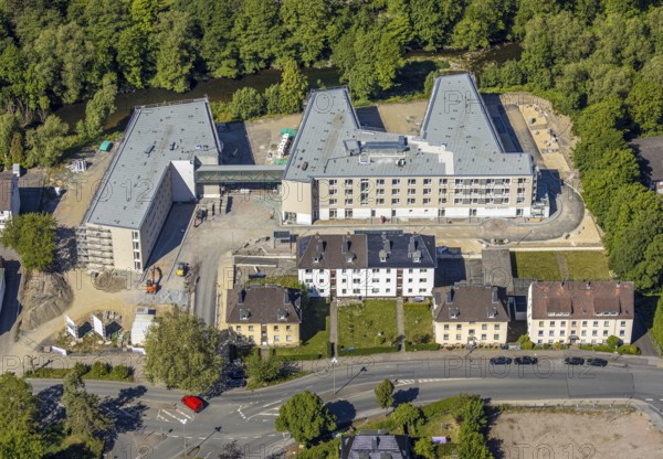 Aerial view, construction site of new care centre, building complex for assisted living, Clemens-August-Straße, Arnsberg, Sauerland, Hochsauerlandkreis, North Rhine-Westphalia, Germany, care and nursing, DE, Europe, aerial view, aerial photography, aerial photography, care facility, retirement home, retirement centre, overview, bird's-eye view, assisted living, birds-eyes view, overview