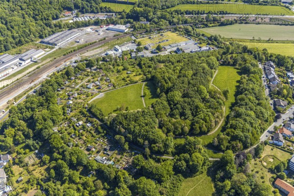 Aerial view, residential area Lüsenberg, allotment garden area, Arnsberger Lüsenberg, Arnsberg, Sauerland, Hochsauerlandkreis, North Rhine-Westphalia, Germany, DE, Europe, aerial view, aerial photography, aerial photography, overview, bird's eye view, birds-eyes view, overview