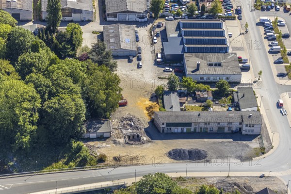 Aerial view, company building Zu Den Werkstätten, Arnsberg, Sauerland, Hochsauerlandkreis, North Rhine-Westphalia, Germany, DE, Europe, commercial enterprises, commercial area, commercial area, commercial use, aerial photograph, aerial photography, aerial photography, overview, bird's-eye view, birds-eyes view, overview