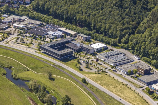 Aerial view, industrial area Altes Feld, vocational training centre Arnsberg, Caritas workshops Arnsberg, Arnsberg, Sauerland, Hochsauerlandkreis, North Rhine-Westphalia, Germany, DE, Europe, river Ruhr, aerial view, aerial photography, aerial photography, Ruhraue, overview, bird's-eye view, forest area, birds-eyes view, overview