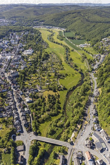 Aerial view, Ruhr valley, Jägerbrücke, allotment garden association Ruhr valley, administrative court Arnsberg, Ruhraue, former glider airfield Arnsberg, Mariengymnasium Arnsberg, Arnsberg, Sauerland, Hochsauerlandkreis, North Rhine-Westphalia, Germany, authority, education, educational institution, DE, Europe, distant view, Ruhr river, river landscape, river course, community garden, grammar school, KGV, allotment garden, allotment garden site, allotment garden association, teaching institute, aerial view, aerial photography, aerial photography, allotment garden, school, overview, bird's-eye view, overview