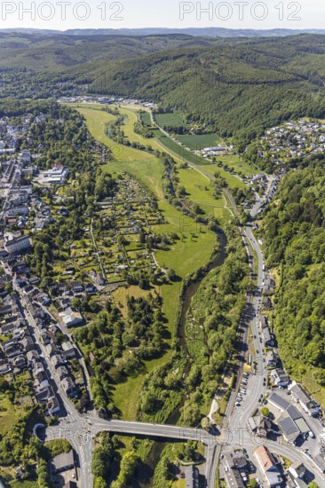 Aerial view, Ruhr valley, Jägerbrücke, allotment garden association Ruhr valley, administrative court Arnsberg, Ruhraue, former glider airfield Arnsberg, Mariengymnasium Arnsberg, Arnsberg, Sauerland, Hochsauerlandkreis, North Rhine-Westphalia, Germany, authority, education, educational institution, DE, Europe, distant view, Ruhr river, river landscape, river course, community garden, grammar school, KGV, allotment garden, allotment garden site, allotment garden association, teaching institute, aerial view, aerial photography, aerial photography, allotment garden, school, overview, bird's-eye view, overview