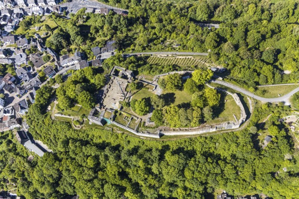 Aerial view, Arnsberg castle ruins, east tower, Arnsberg, Sauerland, Hochsauerlandkreis, North Rhine-Westphalia, Germany, castle, castle ruins, DE, Europe, aerial view, aerial photography, aerial photography, ruin, castle, Arnsberg castle, castle complex, castle hill, sight, overview, defence system, bird's-eye view, historical, overview