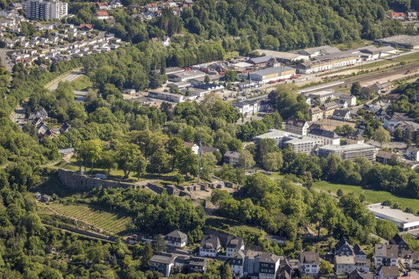 Aerial view, Arnsberg castle ruins, Arnsberg, Sauerland, Hochsauerlandkreis, North Rhine-Westphalia, Germany, castle, castle ruins, DE, Europe, aerial view, aerial photography, aerial photography, ruin, castle, Arnsberg castle, castle complex, castle hill, sight, overview, defence system, bird's eye view, birds-eyes view, historical, overview