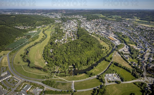 Aerial view, local view Wennigloh in forest area, Eichholz forest, river Ruhr, Ruhr loop, Arnsberg, Sauerland, Hochsauerlandkreis, North Rhine-Westphalia, Germany, DE, Europe, distant view, property tax, real estate, aerial view, aerial photography, aerial photography, nature reserve Eichholz, local view, Ruhraue, townscape, urban area, overview, bird's eye view, forest area, living and life, residential area, residential buildings, birds-eyes view, overview