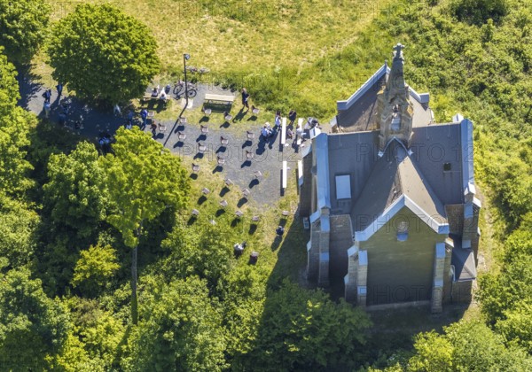 Aerial view, Kreuzberg Chapel, Arnsberg, Sauerland, Hochsauerlandkreis, North Rhine-Westphalia, Germany, place of worship, DE, Europe, place of worship, Chapel of the Seven Sorrows of Mary, church, Kreuzberg, aerial view, aerial photography, aerial photography, Römberg, overview, bird's-eye view, birds-eyes view, neo-Gothic sil, overview