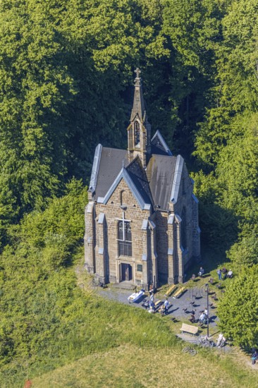Aerial view, Kreuzberg Chapel, Arnsberg, Sauerland, Hochsauerlandkreis, North Rhine-Westphalia, Germany, place of worship, DE, Europe, place of worship, Chapel of the Seven Sorrows of Mary, church, Kreuzberg, aerial view, aerial photography, aerial photography, Römberg, overview, bird's-eye view, birds-eyes view, neo-Gothic sil, overview