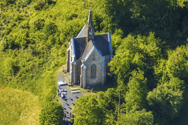 Aerial view, Kreuzberg Chapel, Arnsberg, Sauerland, Hochsauerlandkreis, North Rhine-Westphalia, Germany, place of worship, DE, Europe, place of worship, Chapel of the Seven Sorrows of Mary, church, Kreuzberg, aerial view, aerial photography, aerial photography, Römberg, overview, bird's-eye view, birds-eyes view, neo-Gothic sil, overview