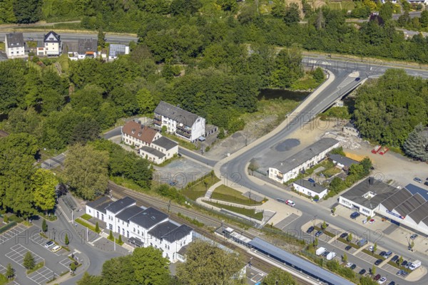 Aerial view, company building Zu Den Werkstätten, Arnsberg, Sauerland, Hochsauerlandkreis, North Rhine-Westphalia, Germany, DE, Europe, commercial enterprises, commercial area, commercial area, commercial use, aerial photograph, aerial photography, aerial photography, overview, bird's-eye view, birds-eyes view, overview
