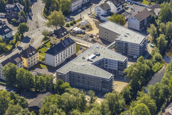 Aerial view, construction site of new care centre, building complex for assisted living, Clemens-August-Straße, Arnsberg, Sauerland, Hochsauerlandkreis, North Rhine-Westphalia, Germany, care and nursing, DE, Europe, aerial view, aerial photography, aerial photography, care facility, retirement home, retirement centre, overview, bird's-eye view, assisted living, birds-eyes view, overview