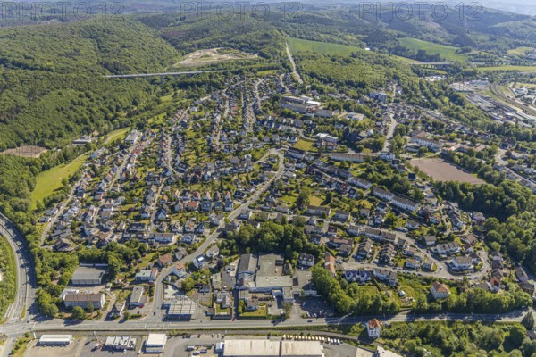 Aerial view, residential area Am Schreppenberg, sports field Schreppenberg, Fröbelschule, Regenbogenschule, Kolping Bildungszentren Südwestfalen, Arnsberg, Sauerland, Hochsauerlandkreis, North Rhine-Westphalia, Germany, motorway A45, education, educational institution, DE, landfill in the forest, Europe, distant view, Franz-Joseph-Koch-Schule, property tax, real estate, educational institute, aerial view, aerial photography, aerial photography, school, Mariannhill school, overview, bird's-eye view, forest area, residential area, living and living, residential area, residential buildings, residential quality, housing estate, birds-eyes view, former Sauerland paper factory, overview