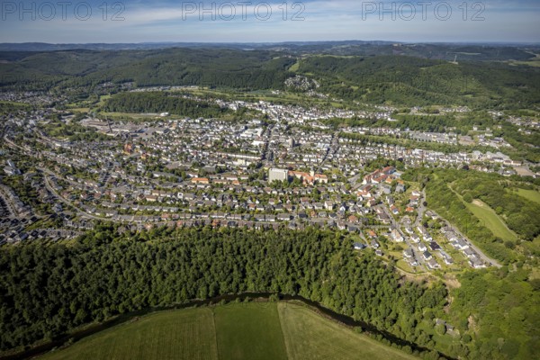 Aerial view, city view, Arnsberg district government, town hall, Arnsberg, forest area, Sauerland, Hochsauerlandkreis, North Rhine-Westphalia, Germany, Arnsberg Forest, DE, Europe, city centre, aerial view, aerial photography, aerial photography, urban area, overview, bird's-eye view, forest, birds-eyes view, overview