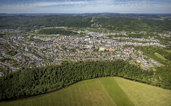Aerial view, city view, Arnsberg district government, town hall, Arnsberg, forest area, Sauerland, Hochsauerlandkreis, North Rhine-Westphalia, Germany, Arnsberg Forest, DE, Europe, city centre, aerial view, aerial photography, aerial photography, urban area, overview, bird's-eye view, forest, birds-eyes view, overview