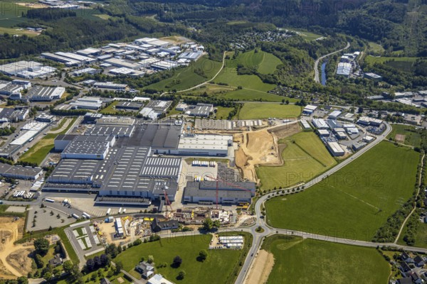 Aerial view, Viega plant Ennest, industrial estate Ennest-Askay, construction site, Attendorn, Sauerland, North Rhine-Westphalia, Germany, DE, Europe, aerial view, aerial photography, aerial photography, overview, bird's-eye view, overview