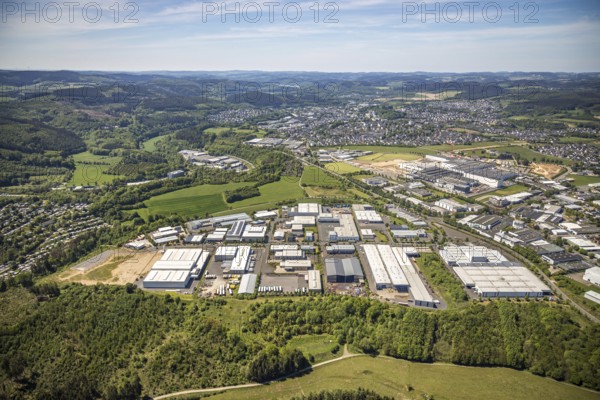 Aerial view, industrial estate Ennest-Askay, construction site, Attendorn, Sauerland, North Rhine-Westphalia, Germany, DE, Europe, aerial view, aerial photography, aerial photography, overview, bird's-eye view, overview