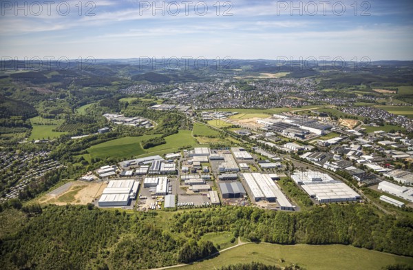 Aerial view, industrial estate Ennest-Askay, construction site, Attendorn, Sauerland, North Rhine-Westphalia, Germany, DE, Europe, aerial view, aerial photography, aerial photography, overview, bird's-eye view, overview