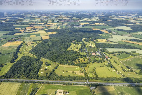 Aerial view, moated castle Westerwinkel, golf course Golfclub Westerwinkel, Ascheberg, Münsterland, North Rhine-Westphalia, Germany, motorway A1, baroque castle, castle, castle complex, DE, English garden, Europe, distant view, golf, golf course, golf club, golf course, moat, farm, agricultural fields, aerial view, aerial photography, aerial photography, parcels, castle, castle Westerwinkel, sight, sport, overview, defence system, bird's eye view, woodland, moated castle, moated castle, meadows and fields, birds-eyes view, historical, overview