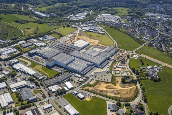 Aerial view, Viega plant Ennest, industrial estate Ennest-Askay, construction site, Attendorn, Sauerland, North Rhine-Westphalia, Germany, DE, Europe, aerial view, aerial photography, aerial photography, overview, bird's-eye view, overview