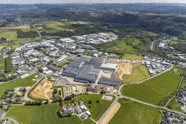 Aerial view, Viega plant Ennest, industrial estate Ennest-Askay, construction site, Attendorn, Sauerland, North Rhine-Westphalia, Germany, DE, Europe, aerial view, aerial photography, aerial photography, overview, bird's-eye view, overview