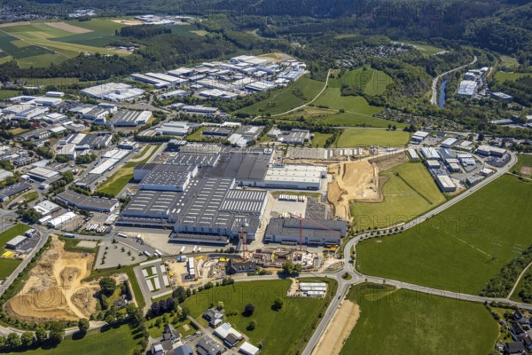 Aerial view, Viega plant Ennest, industrial estate Ennest-Askay, construction site, Attendorn, Sauerland, North Rhine-Westphalia, Germany, DE, Europe, aerial view, aerial photography, aerial photography, overview, bird's-eye view, overview