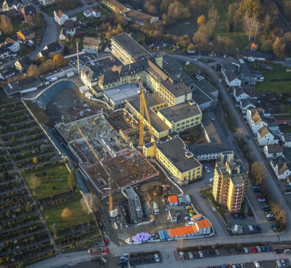 Aerial view, Klinikum Hochsauerland GmbH at Stolte Ley 5 is being expanded, Hüsten, Arnsberg, Sauerland, North Rhine-Westphalia, Germany, DE, Europe, birds-eyes view, aerial photography, aerial photography, aerial photography, overview, bird's eye view