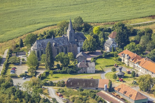 Ölinghausen Monastery, monastery building inhabited by the Sisters of St. Mary Magdalene Postel, monastery church, former Premonstratensian monastery, Herdringen, Arnsberg, Sauerland, North Rhine-Westphalia, Germany, DE, Europe, aerial view, birds-eyes view, aerial photography, aerial photography, overview, bird's eye view