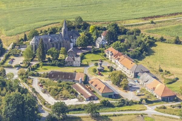 Ölinghausen Monastery, monastery building inhabited by the Sisters of St. Mary Magdalene Postel, monastery church, former Premonstratensian monastery, Herdringen, Arnsberg, Sauerland, North Rhine-Westphalia, Germany, DE, Europe, aerial view, birds-eyes view, aerial photography, aerial photography, overview, bird's eye view