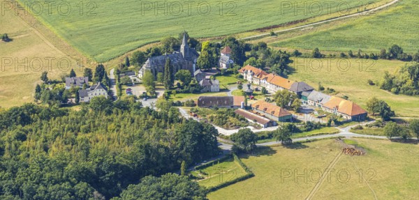 Ölinghausen Monastery, monastery building inhabited by the Sisters of St. Mary Magdalene Postel, monastery church, former Premonstratensian monastery, Herdringen, Arnsberg, Sauerland, North Rhine-Westphalia, Germany, DE, Europe, aerial view, birds-eyes view, aerial photography, aerial photography, overview, bird's eye view