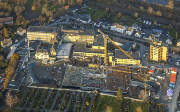 Aerial view, Klinikum Hochsauerland GmbH at Stolte Ley 5 is being expanded, Hüsten, Arnsberg, Sauerland, North Rhine-Westphalia, Germany, DE, Europe, birds-eyes view, aerial photography, aerial photography, aerial photography, overview, bird's eye view