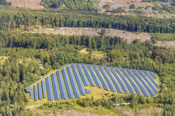 Solar plant in the nature reserve 3 wetland forest plots north of the Spulberg, Arnsberg, Sauerland, North Rhine-Westphalia, Germany, DE, Europe, aerial photo, birds-eyes view, aerial photography, aerial photography, overview, bird's eye view