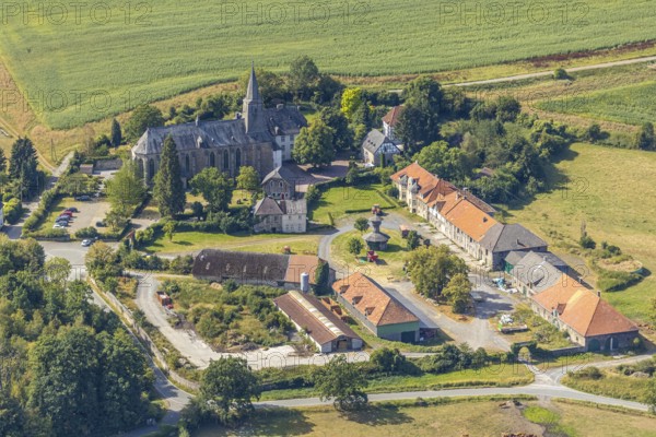 Ölinghausen Monastery, monastery building inhabited by the Sisters of St. Mary Magdalene Postel, monastery church, former Premonstratensian monastery, Herdringen, Arnsberg, Sauerland, North Rhine-Westphalia, Germany, DE, Europe, aerial view, birds-eyes view, aerial photography, aerial photography, overview, bird's eye view