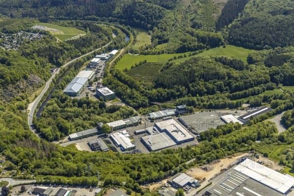 Aerial view, commercial area Bigge, river Bigge, Attendorn, Sauerland, North Rhine-Westphalia, Germany, DE, Europe, commercial enterprises, commercial area, commercial area, commercial location, commercial use, industrial area, industrial location, aerial photograph, aerial photography, aerial photography, overview, bird's eye view, forest area, birds-eyes view, overview