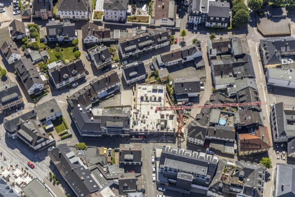 Aerial view, construction site Alter Markt, old town, Attendorn, Sauerland, North Rhine-Westphalia, Germany, construction work, construction area, construction site, building plots, construction project, construction site, DE, Europe, property tax, real estate, aerial photography, aerial photography, overview, bird's eye view, residential complex, living and living, residential area, residential buildings, housing estate, birds-eyes view, overview