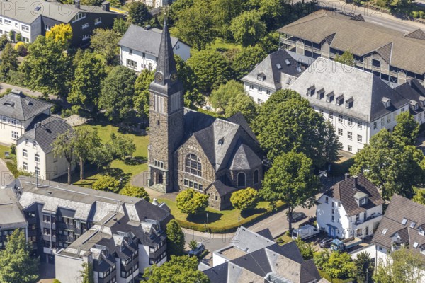 Aerial view, Church of the Redeemer, Church of the Redeemer, Attendorn, Sauerland, North Rhine-Westphalia, Germany, place of worship, DE, monument protection, Europe, religious community, place of worship, church, parish, denomination, aerial photograph, aerial photography, aerial photography, overview, bird's-eye view, overview