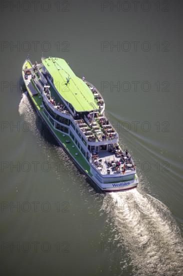 Aerial photo, excursion boat Westfalen on the Biggetalsperre, Attendorn, Sauerland, North Rhine-Westphalia, Germany, excursion trips, excursion boat, Biggesee, Biggetalsperre, DE, Europe, shapes and colours, leisure, aerial photography, aerial photography, aerial photography, passenger boat Biggesee, lake, dam, overview, bird's-eye view, birds-eyes view, overview