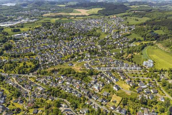 Aerial view, Haus Mutter Anna nursing home, residential area Hahnbeulerkreuz, Attendorn, Sauerland, North Rhine-Westphalia, Germany, care and nursing, DE, Europe, property tax, real estate, aerial view, aerial photography, aerial photography, care facility, nursing home, overview, bird's-eye view, residential complex, living and living, residential area, residential buildings, housing estate, birds-eyes view, overview