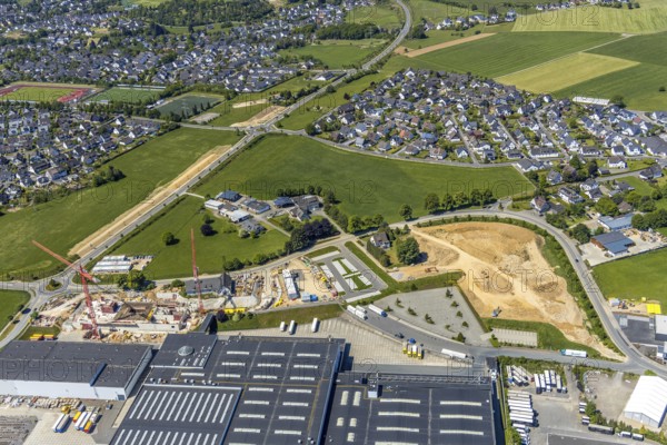 Aerial view, Viega plant Ennest, industrial estate Ennest-Askay, construction site, Attendorn, Sauerland, North Rhine-Westphalia, Germany, DE, Europe, aerial view, aerial photography, aerial photography, overview, bird's-eye view, overview
