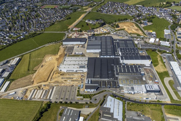 Aerial view, Viega plant Ennest, industrial estate Ennest-Askay, construction site, Attendorn, Sauerland, North Rhine-Westphalia, Germany, DE, Europe, aerial view, aerial photography, aerial photography, overview, bird's-eye view, overview
