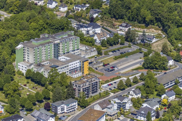 Aerial view, Helios Klinik Attendorn, Attendorn, Sauerland, North Rhine-Westphalia, Germany, DE, Europe, healthcare, hospital, clinic, clinic centre, hospital, aerial photograph, aerial photography, aerial photography, medical facility, medical assistance, emergency service, overview, bird's eye view, birds-eyes view, overview, medical care