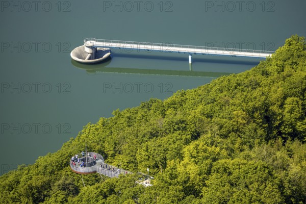 Aerial view, forest area, Biggeblick viewing platform, flood overflow, Attendorn, Sauerland, North Rhine-Westphalia, Germany, viewing platform, Biggesee, DE, Europe, aerial view, aerial photography, aerial photography, overview, bird's-eye view, overview