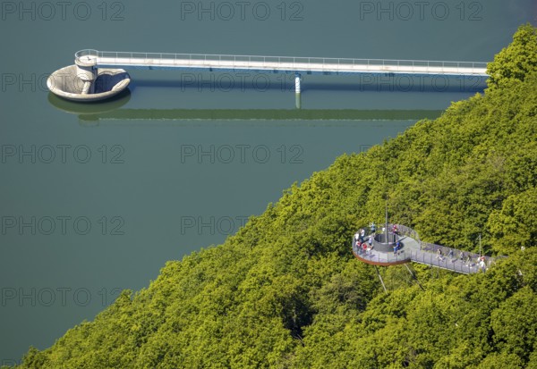 Aerial view, forest area, Biggeblick viewing platform, flood overflow, Attendorn, Sauerland, North Rhine-Westphalia, Germany, viewing platform, Biggesee, DE, Europe, aerial view, aerial photography, aerial photography, overview, bird's-eye view, overview
